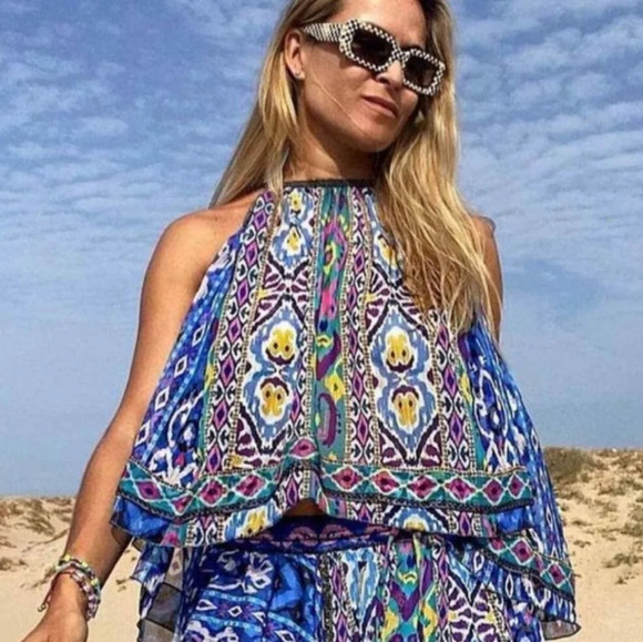 ZARA Multi colored Aztec print Asymetrical swing halter beaded top. Size L NWT - Picture 8 of 16